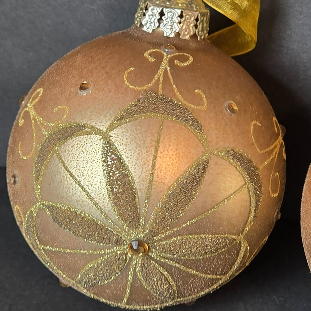 Frontgate Gold Glass Ornaments Set Of 2 Glitter Flower Burst Design Luxury 4" - Picture 3 of 8